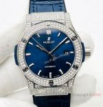 HB Factory V3 version Hublot Classic Fusion Swiss Hub1213 Watch Iced Out Silver Case Blue Dial